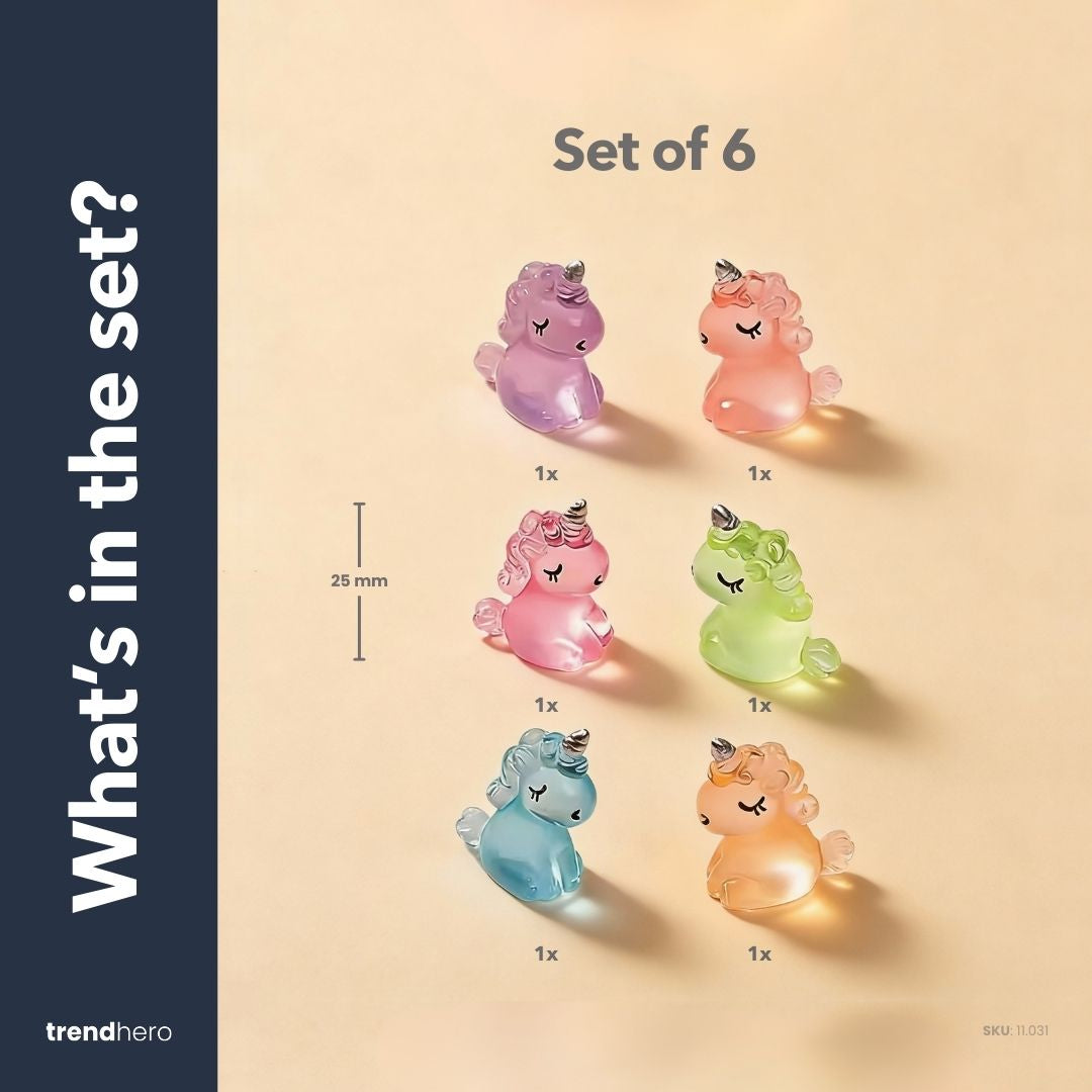 Unicorns - Set of 6 - Miniature Figurines - Glow in the dark - Multicolor ↑ 2,5 cm