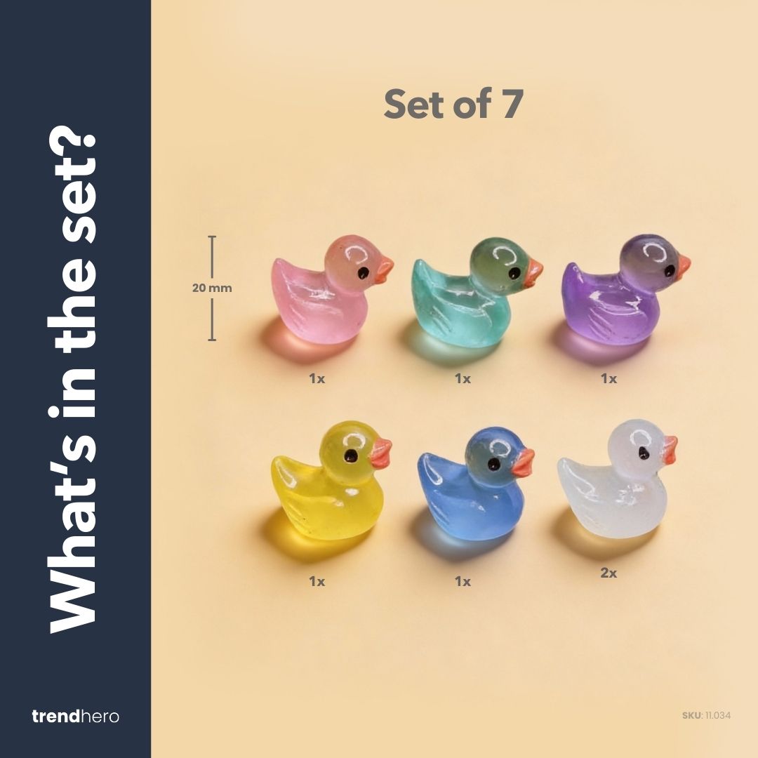 Ducks - Set of 7 - Miniature Figurines - Glow in the dark - ↑ 2 cm