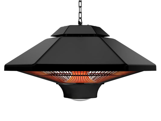 Zwarte hangende buitenverwarming met gloeiende infrarood-elementen en zichtbare ketting. Geschikt voor terrassen en tuinen, met bedieningsknop en merknaam AVOID.
