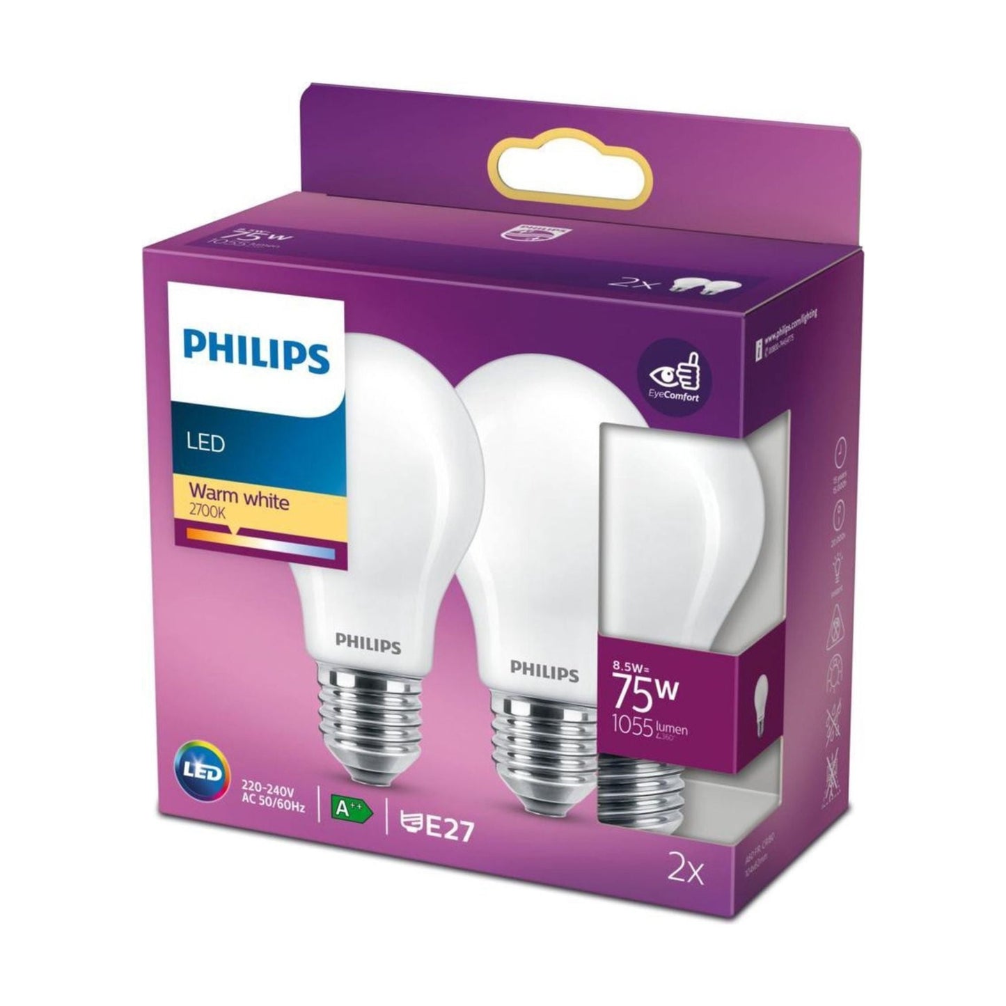 2-pack Philips LED Lampen E27 - Mat - Warm wit - 8.5W vervangt 75W
