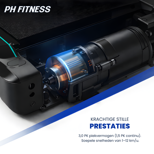 Zwarte PH FITNESS loopband met digitale display en blauwe accenten, uitgerust met verstelbare handgrepen en een opvouwbare constructie voor compacte opslag in woonruimte of thuisfitness. Ideaal voor thuisgym en persoonlijke training.