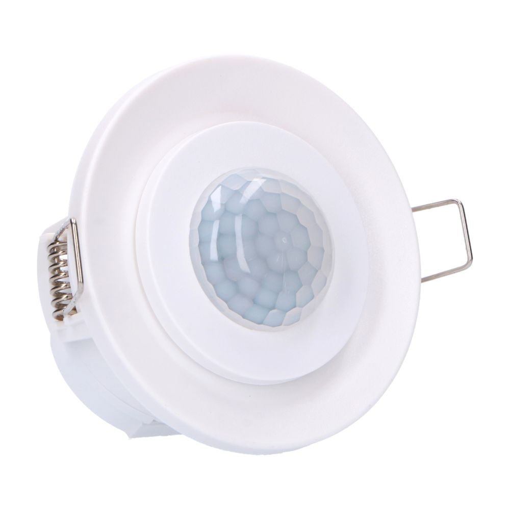 Een witte, ronde bewegingssensor met een facettenstructuur en twee instelbare knoppen voor lux- en tijdsinstelling, voor gebruik in verlichtingssystemen en veiligheidsapparatuur.