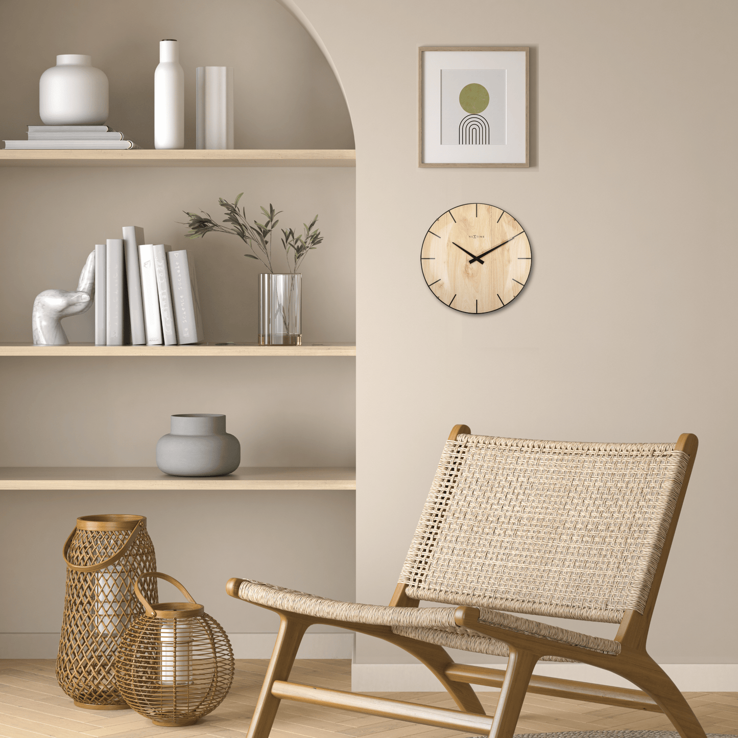 NeXtime Edge Wood Dome - Stijlvolle wandklok met koepelglas - 35 cm