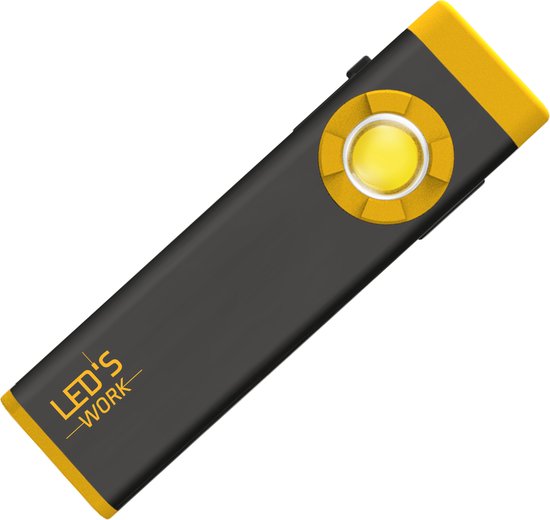 Zwarte LED's Work zaklamp met gele accenten, USB-oplaadbaar en 100lm verlichting. Geschikt voor wandelen of nachtwerk in bos- of buitenomgevingen.