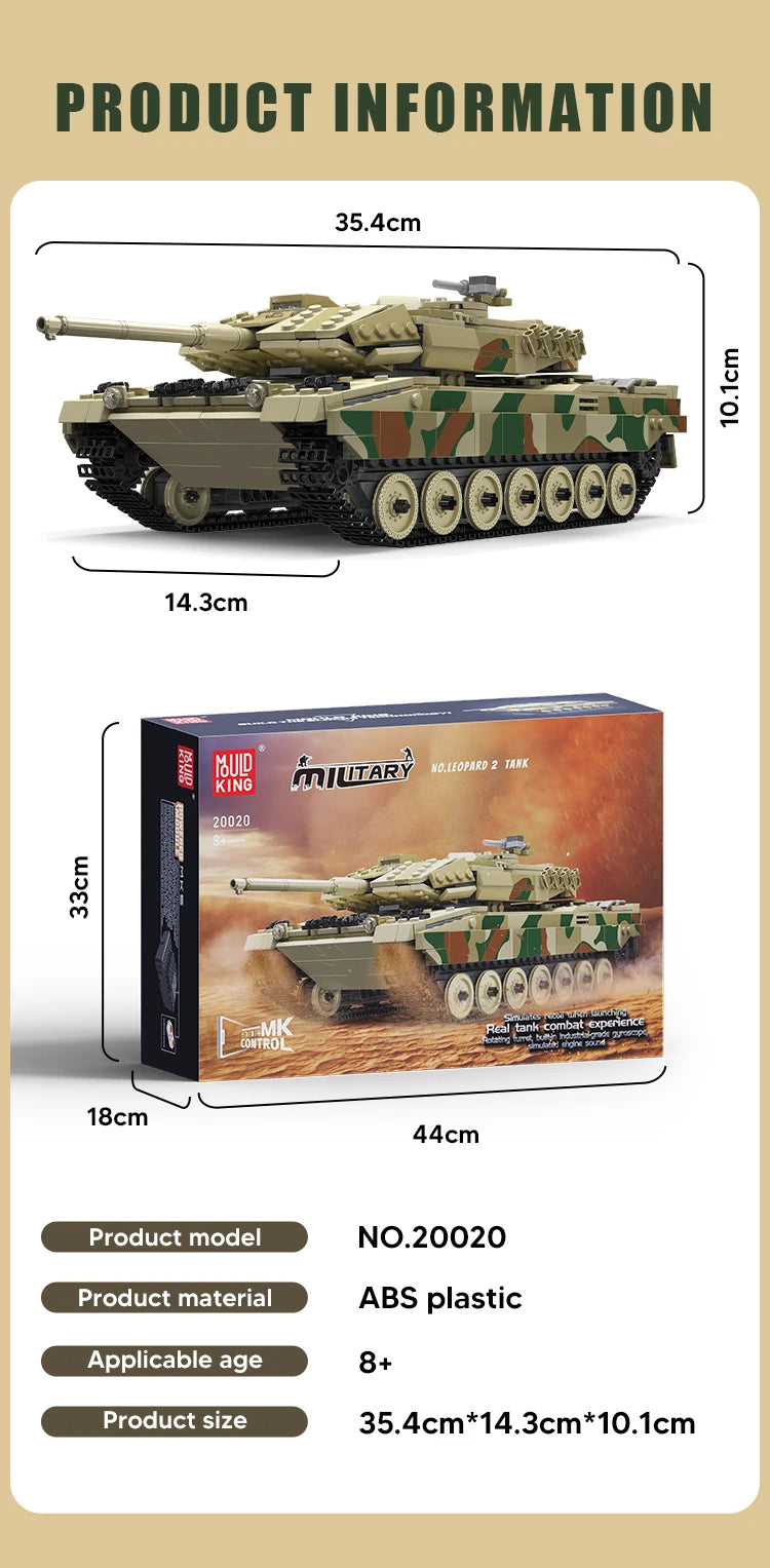 Mouldking 20020s - leopard 2 tank - bouwset - 1100 onderdelen - bestuurbaar - met geluid - Comnox Company
