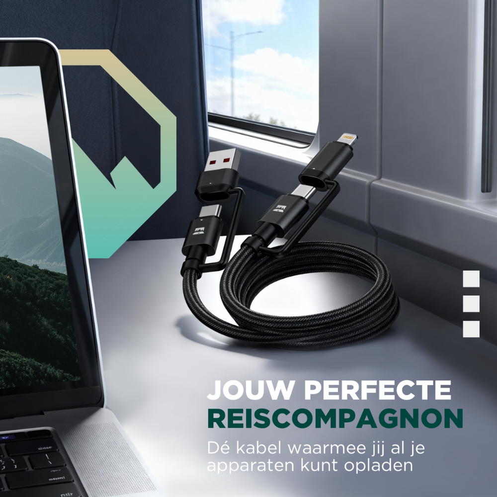 Zwart, gevlochten USB-C kabel met USB-A en Lightning aansluitingen, voor snelle opladen en dataoverdracht. Robuust ontwerp met merknaam REMODIUS, ideaal voor dagelijks gebruik en reizen.