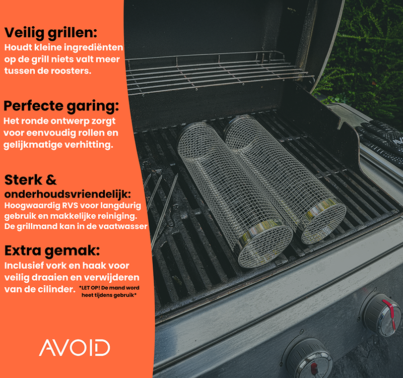 Zilverkleurige, cilindrische roosterbakken van roestvrij staal met handige handgrepen, perfect voor grillen en koken. Geleverd met twee metalen vorken voor gemakkelijke handeling.