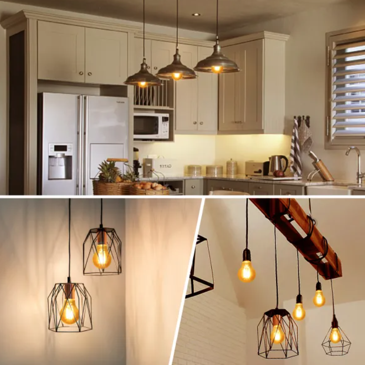 Zwarte glazen gloeilampen met zichtbare filamenten en E27-schroefdraad, geschikt voor vintage verlichting. Warm wit licht en retro design voor sfeervolle interieurs.