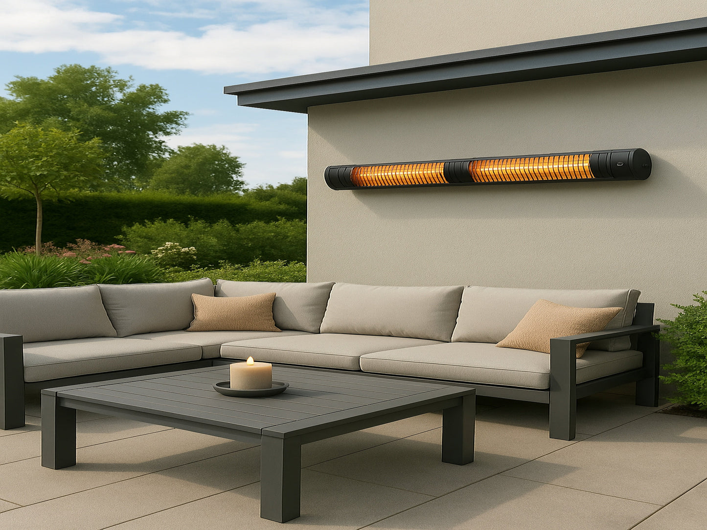 Zwarte AVOID infraroodverwarming met glanzende metalen elementen en digitale bediening, geschikt voor binnen- en buitenruimtes. Ideaal voor warmte in tuinen, terrassen of kantoorruimtes.