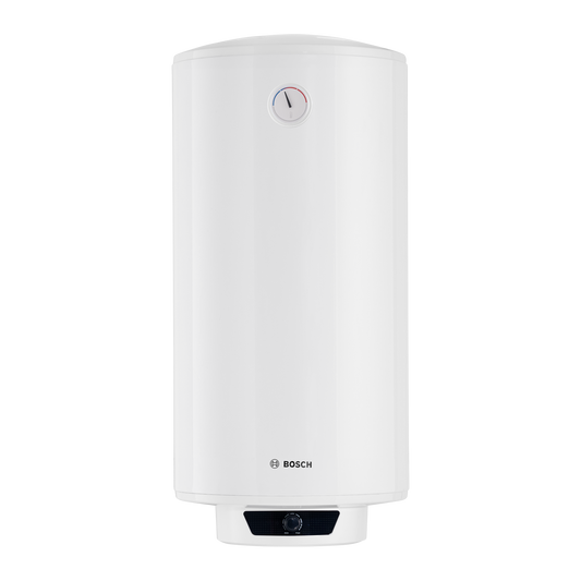 Bosch waterkoker in wit, met zichtbare temperatuurknop en merklogo. Geschikt voor huiselijke installatie en energiezuinig verwarmen van water.