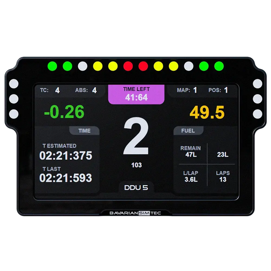Een zwart, professioneel racemonitor scherm met kleurrijke LED-indicatoren en een helder digitale display, uitgerust met real-time gegevens voor race simulaties en motorsport training.