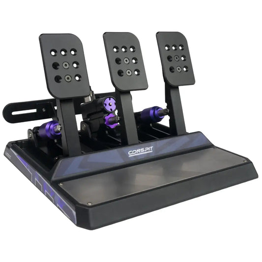 Zwart metalen racepedaal met paarse cilinder, geschikt voor gamingstoelen. Geschikt voor racegames en simulator-gebruik, met verstelbare voetplaat en zichtbare montagebeugels.