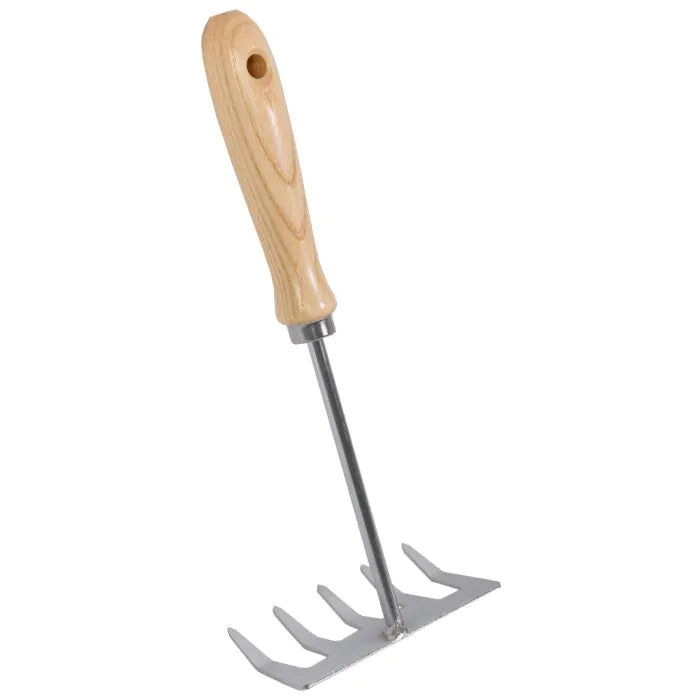Hand Rake - 5 Tines - Galvanized Steel - Ash Wood Handle
