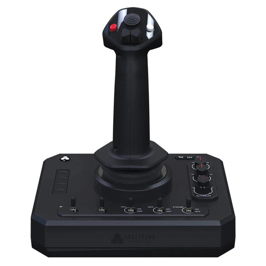 Zwart vliegtuigstuurwiel met rood knopje en meerdere bedieningsknoppen, geschikt voor vlieg- en simulatiespeeltoestellen. Gebruik voor realistische vliegervaring in games of professionele simulaties.