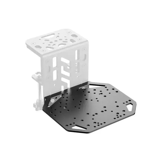 Zwart metalen schakelbord met gaten en bevestigingspunten, voor gamingstoelen. Witte schakelstok met textuur en bolvormige handgreep, geschikt voor race- en arcadegames.