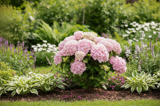 Een prachtige, zacht roze hydrangea in een grijze pot met 'Music Collection' label, perfect voor een romantische interieurdecoratie of als cadeau voor een muziekliefhebber.