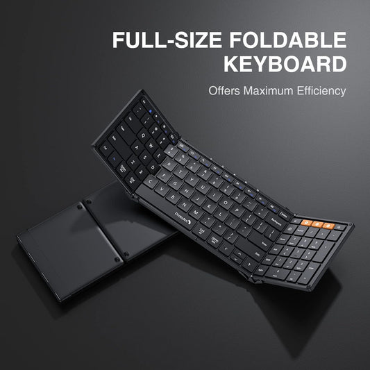 Zwart, vouwbare toetsenbord met flexibele, opvouwbare constructie en oranje functionele toetsen. Ideaal voor mobiele werking en gebruik met tabletten en laptops.