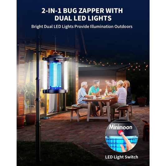 Minimoon Dual LED buitenslager met blauwe elektrische bliksem, zwart metaal en glas, ontworpen voor effectieve insectenbestrijding in tuinen en op ter