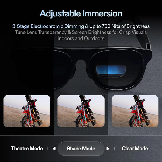 Zwart XREAL One Pro AR-bril met glanzende lenzen en zichtbare merknaam, uitgerust voor virtuele realiteit en mobiele gaming. Geschikt voor immersive g
