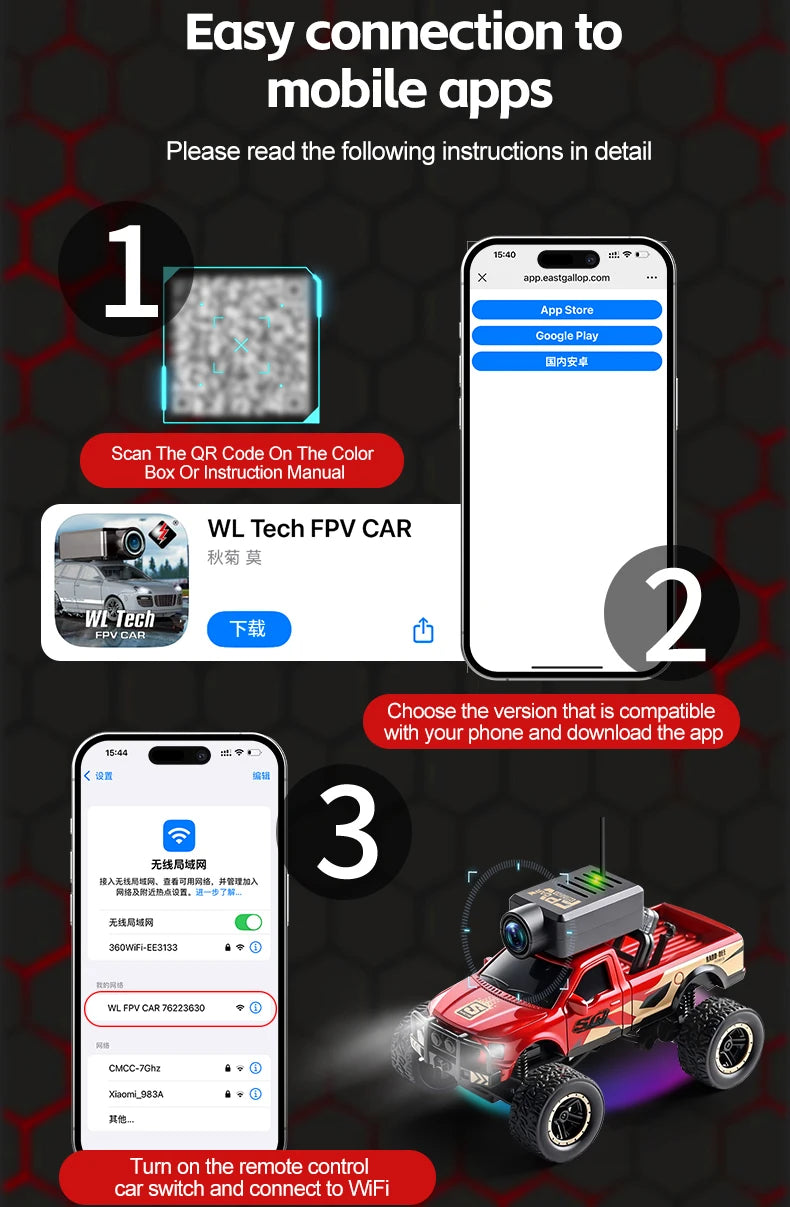 Een rode, 1:64 schaal RC off-road truck met VR-bril ondersteuning, uitgerust met een camera op het dak en een draadloze stuurunit voor speelplezier op