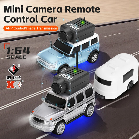 Mini camera-voertuig met HD-opname, in zwart, zilver, oranje en lichtblauw, voor speelgoedauto’s met afstandsbediening en USB-oplaadkabel. Ideaal voor