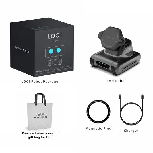 Een zwarte LOOI smart robot met blauwe ogen, geplaatst op een magnetisch houder voor smartphones. Ideaal als desktop assistent voor persoonlijke inter