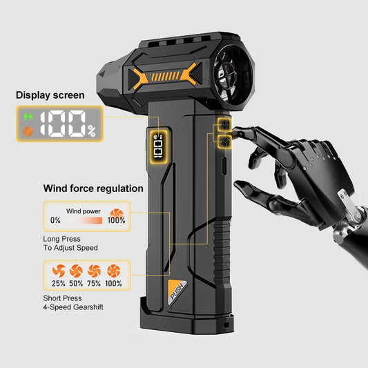 Zwarte, robuuste bladzwaaiertool met gele accenten en digitale display, uitgerust met meerdere accessoires voor krachtige luchtstroom, ideaal voor ind