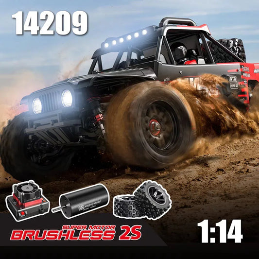 De Hyper Go MJX14209 4WD off-road buggy in zwart-rood, met grote knipperende LED-verlichting en rubberen banden, is klaar voor speelplein of racetrack