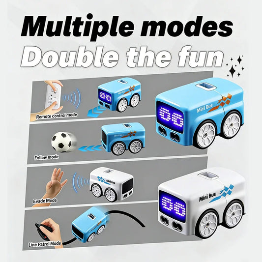Mini bus met LED-display en witte wielen, in blauw en wit, bediend via afstandsbediening voor kinderen. Speelgoedbus met racestijl en knoppen voor spe