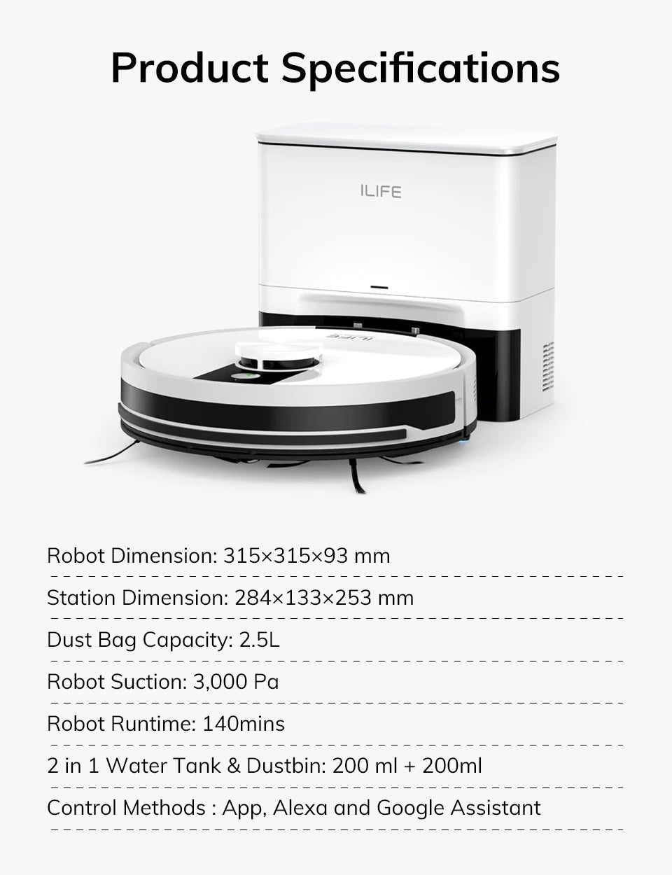 De witte ILIFE robotstofzuiger met zwart accent, klaar voor gebruik, staat naast zijn ladingstation en een smartphone met de app. Perfect voor automat