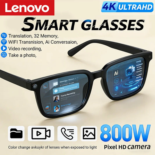 Zwart Lenovo Smart Glasses met 4K Ultra HD schermen en Pixel HD camera, voorzien van AI-functies en kleurveranderende lenzen bij lichtexpositie, gesch