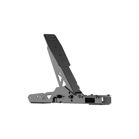 Zwart metalen MOZA voetpedaal met verstelbare arm en montagegaten, speciaal ontworpen voor gamingstoelen en professionele video-opnames. Robuust en functioneel voor gaming en contentcreatie.