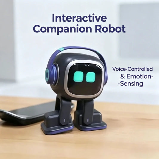 Interactieve compagnonsrobot met blauwe koptelefoon en groene ooglichtjes, geschikt voor kinderen en ouderen. Ideaal als educatief speelgoed of gezels