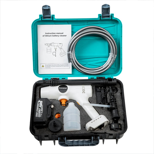 De Kamolee draadloze high pressure car wash gun met 388V Li-ion accu, zwart met rode accenten, staat naast haar opbergkoffer voorzien van accessoires.