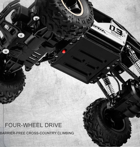 ZWN Rock climber, een zwarte 4WD RC-afstandsbediening met goudkleurige velgen en zichtbare schokdempers, geschikt voor off-road avonturen en steile he