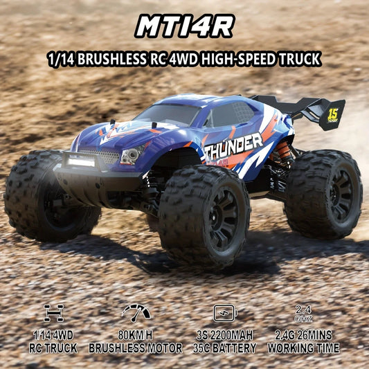 Blauwe JIUSI MT14R 1/14 RC-raceauto met zwarte banden en 'STORM' en 'THUNDER' stickers, geschikt voor speelgoedraces en buitenactiviteiten. Perfect vo