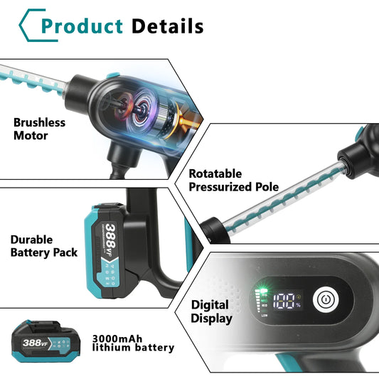 Een zwarte en turquoise draadloze stroomreiniger met digitale display, inclusief twee batterijen, een blauwe doek, een witte sprayfles en een zwart tr