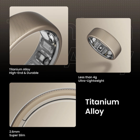 De Amazfit Helio Ring, een goudkleurige, 2,6 mm dunne slimme ring met perforaties en zichtbare sensorcomponenten, is een draadloze fitness tracker voor dagelijks gebruik en sportactiviteiten. - Foto 2