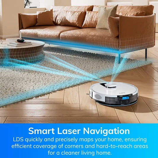 De witte ILIFE robotstofzuiger met zwart accent en bijpassende lader, klaar voor slimme stofzuiging via app. Perfect voor automatische huishoudelijke