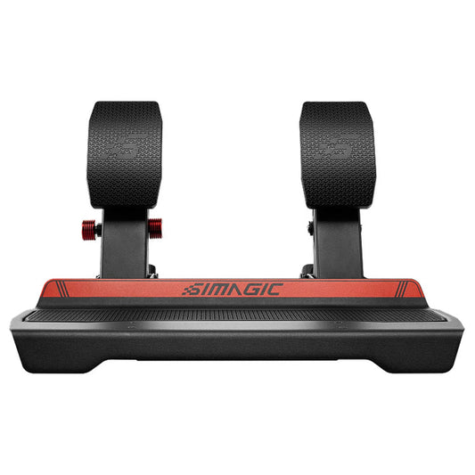 Een zwarte SIMAGIC racepedaal met rood accent en zichtbare veermechanismen, geschikt voor racegames en simulator-gebruik. Het heeft een textuurrijke voetplaat en een robuust metaalontwerp.