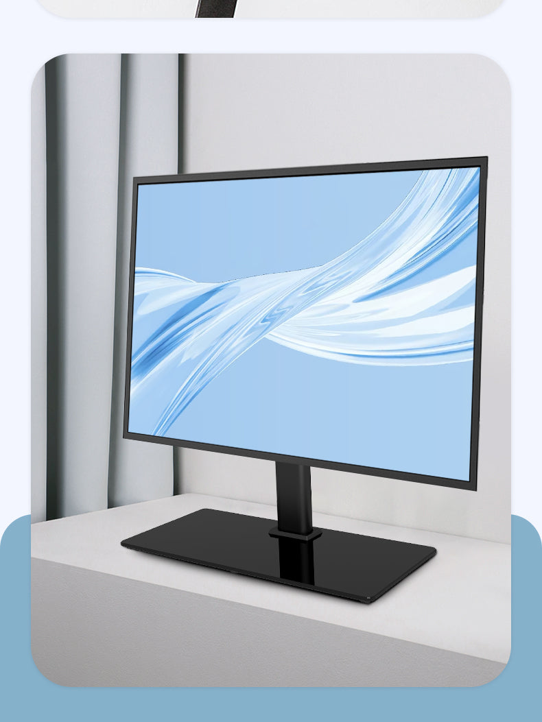 Zwarte TV-standaard met verstelbare arm en glazen voet, geschikt voor moderne kantoor- of woonruimtes. Ideaal voor slimme TV’s en gamingmonitors met hoge beweeglijkheid.
