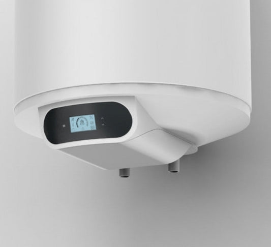 Een witte Bosch waterkoker met glanzend oppervlak en zichtbare bedieningspaneel. Geschikt voor moderne badkamers en huishoudelijke gebruik.