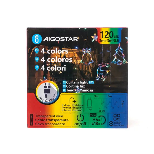 Glanzende LED-verlichting met 120 lichtjes in regenboogkleuren, hangende sterren en bels, inclusief afstandsbediening voor feestelijke sfeer bij binnen- en buitenverlichting.