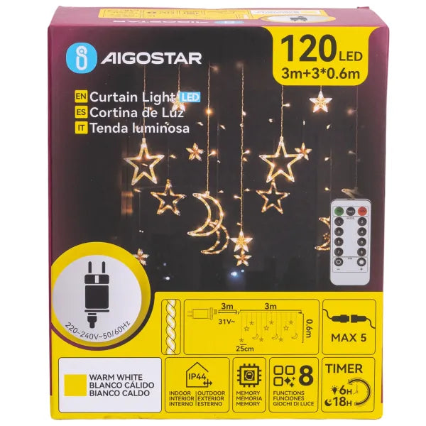 Gouden LED-verlichting met sterren en maanvormen hangt elegant in de avond, uitgerust met een afstandsbediening voor 8 flashmodi. Perfect voor feestelijke sfeer in binnen- en buitenruimte.