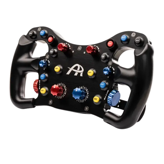 Zwart racestuur met kleurrijke knoppen en draaiknoppen voor formule 1 simulatie. Grote handgrepen en centraal geplaatst logo voor optimale grip en realistische raceervaring.