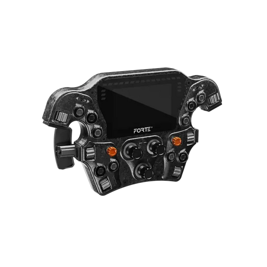Een zwarte, carbonvezel racestuur met het merk FORTE, uitgerust met oranje knoppen en een centraal scherm, speciaal ontworpen voor racegame controllers.