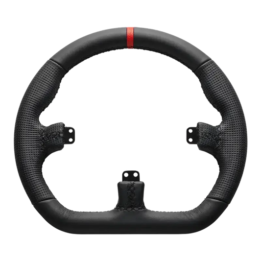 Zwart stuurwiel met perforatie en rode accentstreep, geschikt voor racegamecontrollers. Gebruik voor realistische simulatie en optimale grip tijdens virtuele rijen.