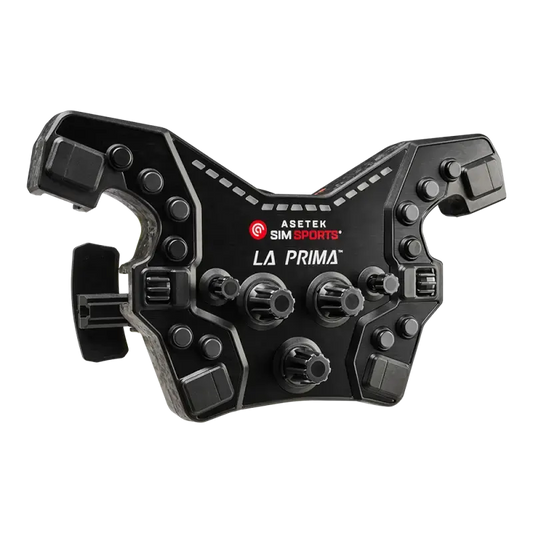 De Asetek SimSports La Prima racestuurcontroller in zwart, met zichtbare schroefopeningen en handgrepen, is speciaal ontworpen voor race- en simracingtoepassingen.