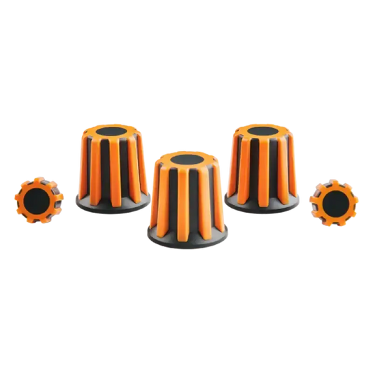 Oranje en zwarte schroefkoppen met ribbelstructuur, geschikt voor elektrische schroevendraaiers. Set van vijf accessoires voor precisiewerkzaamheden en montage.