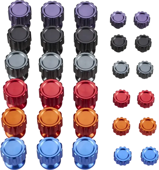 Rode, oranje, blauwe, zilveren en paarse aluminium knoppen, glanzend en met ribbels, geschikt voor auto’s en motorfietsen. Perfect voor het personaliseren van je voertuig met kleurrijke accessoires.